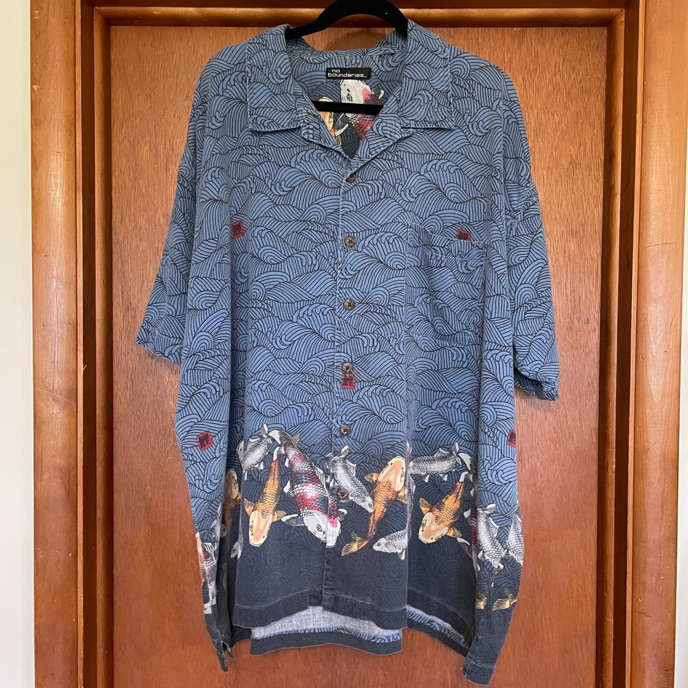 VTG Japanese Koi Fish Seigaiha Wave Y2K Bowling Shirt Mens 2XL/3XL? Hawaiian